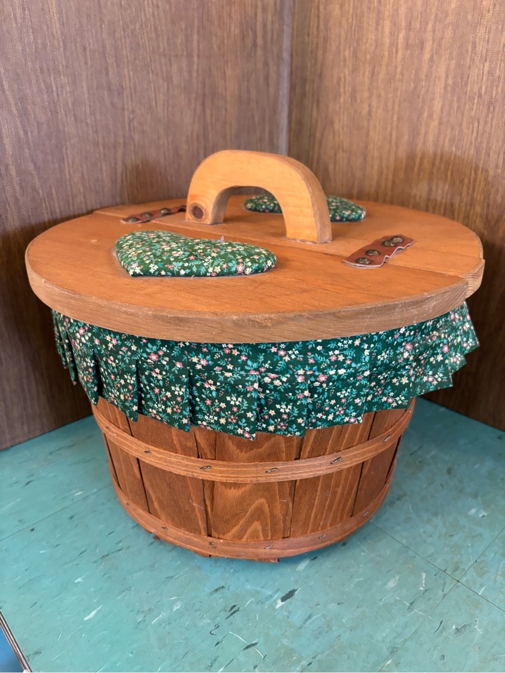 Vintage Wood Sewing Box Basket Double Flip Top Lid Heart granny core cottage